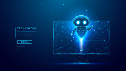 Abstract Tech AI Agent or Chatbot are Flying of Computer Monitor Screen. Futuristic AI Robot on Dark Blue Background. Artificial Intelligence Innovation Concept. Digital Vector Illustration.