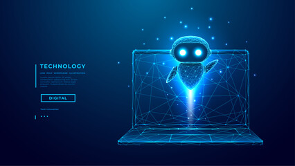 Futuristic AI agent bot flying out of a digital laptop. Robot assistant concept in tech wireframe style, perfect for artificial intelligence, automation, and virtual helpers. Low poly wireframe vector