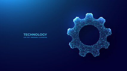 Abstract Technology Gear in Digital Low Poly Blue Wireframe Style. Cog Wheel. Vector Illustration. Connected Dots, Lines, as Starry Sky.