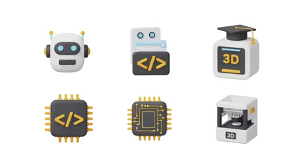 Set of Six 3D Rendered Technology Icons: Robot, Code, 3D Printing, and Microchips