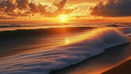 Wall Mural - Serene Sunset Over Ocean Waves with Gentle Shoreline, Capturing Tranquility and Nature's Beauty