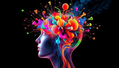 Wall Mural - Abstract head, vibrant thoughts and ideas bursting outwards,  explosion,  glow