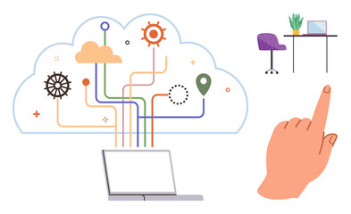 Wall Mural - cloud with interconnected lines above laptop, hand pointing, and a home workspace with desk and chai