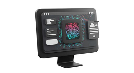 3D Render of Black Computer Monitor with Digital Interface Screen