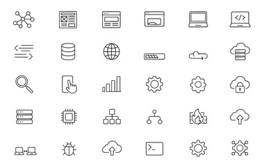 Editable stroke vector illustration information technology icon outline set: network, web design, website, computer, software, programming, data, internet, progress, cloud infrastructure