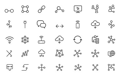 Editable Stroke Connection Line Icon Set for Network, Collaboration & Integration: Connectivity, Communication, Cable, Interaction, Link, Global Cyberspace, Pictograms, digital ecosystem