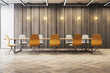 © Who is Danny - Modern minimalist boardroom interior with brown wooden panel wall, parquet floor, orange and white chairs around a long meeting table. 3D Rendering