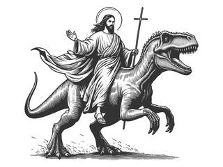 Wall Mural - jesus christ with halo riding a dinosaur sketch engraving generative ai fictional character raster i
