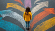 © retrostudio - Choosing future profession. Girl standing in front of drawn signs on asphalt, top view. Arrows pointing in different directions as diversity of opportunities