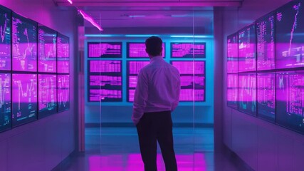 Wall Mural - A data analytics professional in a vibrant office, surrounded by colorful monitors and neon lights.
