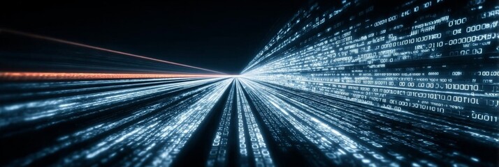 Futuristic Data Stream with Digital Binary Code Tunnel, Glowing Connections, and Motion Effects