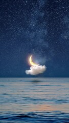 Wall Mural - surreal video concept with a low-angle view of a crescent moon resting on a cloud over a calm sea, s