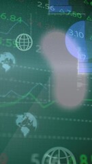 Wall Mural - animation of multiple web globe icons over stock market data processing against green background