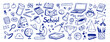© Paper Trident - Set of drawing with pen school items. Doodle icons of elementary education on notebook sheet. Students' supplies, books, stationery for studying and learning. Hand drawn isolated vector illustrations