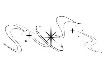 Wall Mural - Abstract y2k line star, tattoo aesthetic doodle or sketch. Sparkle swirl silhouette line light, move, trail. Retro space orbit geometric 