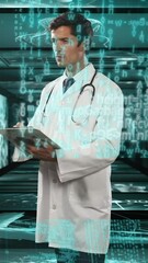 Wall Mural - animation of male doctor over data processing