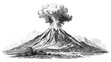 Engraving sketch of erupting volcano with smoke cloud and mountain landscape in classic vintage style