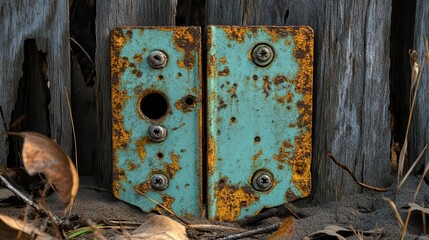 Wall Mural - rusty metal plate with screws surrounded by weathered wood and leaves