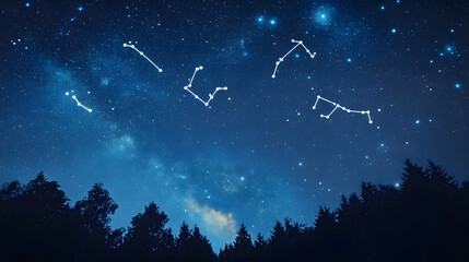 astrology: a wide starry night sky with soft glowing constellations above a dark forest silhouette