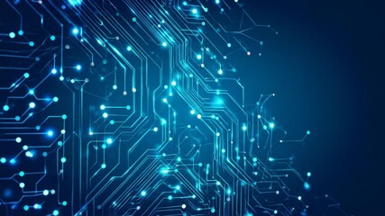 Technological circuit board with glowing data paths and binary code animation