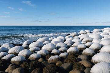 Wall Mural - scenic view of icy shores featuring white ice and seaweed on rocks under a bright sun in the arctic 