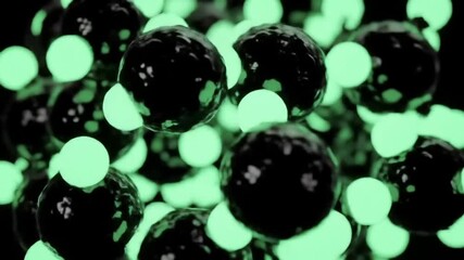 Wall Mural - interconnected black spheres illuminated by pale green orbs in dark abstract composition