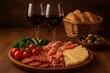 © AkuAku - A classic assortment of finger foods including cheeses, cured meats, fresh vegetables, accompanied by two wine glasses and a bread basket