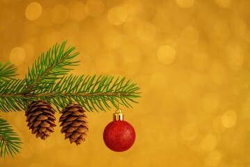 Wall Mural - festive holiday scene featuring a pine branch with cones and red ornaments against a bokeh backdrop 