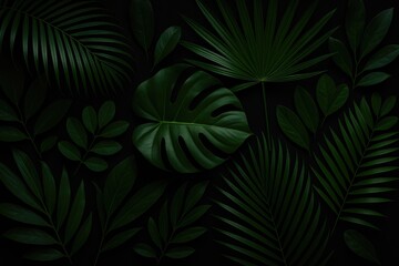 Wall Mural - Lush tropical foliage featuring vibrant green leaves from trees, palms, and shrubs against a dark background