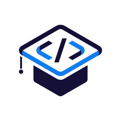 A blue and dark blue graduation cap with code brackets, symbolizing coding education and professional tech development