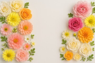 Wall Mural - Vibrant floral arrangement featuring artificial blossoms against a white backdrop with ample space for text