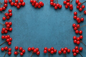 Wall Mural - Crimson berries against a vibrant blue backdrop with an autumn theme