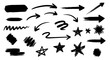 © Mandeep - Line marker hand drawn brush arrow doodle set. Sketch pencil stroke vector graphic pen underline scribble icon. Hand drawn line star shape highlight marker shape. Vector illustration