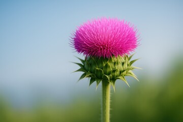 Wall Mural - Blooming pink milk thistle flower on a summer morning scene