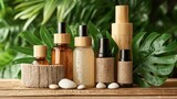 Skincare travel set showcasing environmentally conscious bamboo bottles and tubes in artisan pouch with tropical greenery and pearl-like beads accent