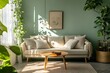 © Sean Hoong - Neutral-toned living room with natural light, modern sofa, ficus benjamina and soft green walls