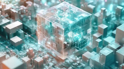 Wall Mural - abstract digital cube in a grid