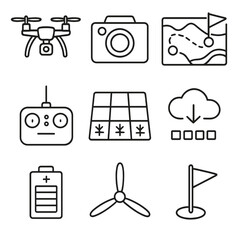 Precision Agriculture Icons. Outline style icons of Precision Agriculture Drones: quadcopter, NDVI camera, flight path map, remote