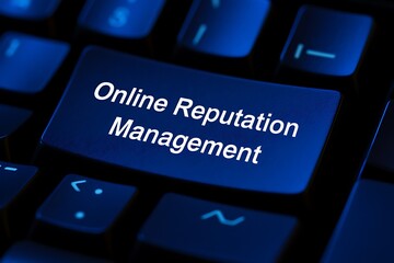 blue keyboard key with online reputation management text technology