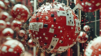 Wall Mural - red sphere circuit design, surrounded by smaller spheres
