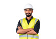 © practice  - Confident Indian construction worker in safety gear at construction site on transparent background, PNG