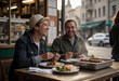 © Eliane - Two joyful men sharing laughter and skewers at a vibrant outdoor cafe, capturing authentic friendship and relaxed urban dining, perfect for promoting positive social interactions.