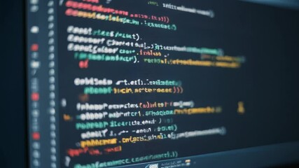 Close up of programming code running on dark computer screen. Programming and coding concept new