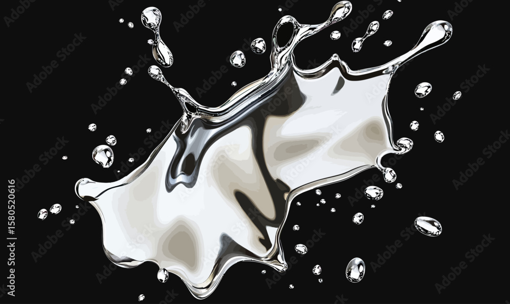 Realistic shiny silver liquid splash isolated on black background with ...