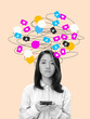 © master1305 - Conceptual digital artwork of indifferent girl with social media icons over head. Concept of digital overload, attention fatigue, self-image stress and social pressure in media and psychology.