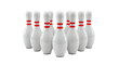 © Ingrid - A full rack of ten white bowling pins with red stripes on their necks against a black background