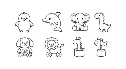 Wall Mural - animal and toy icon set. cute, outline style for kids' themes and playful designs