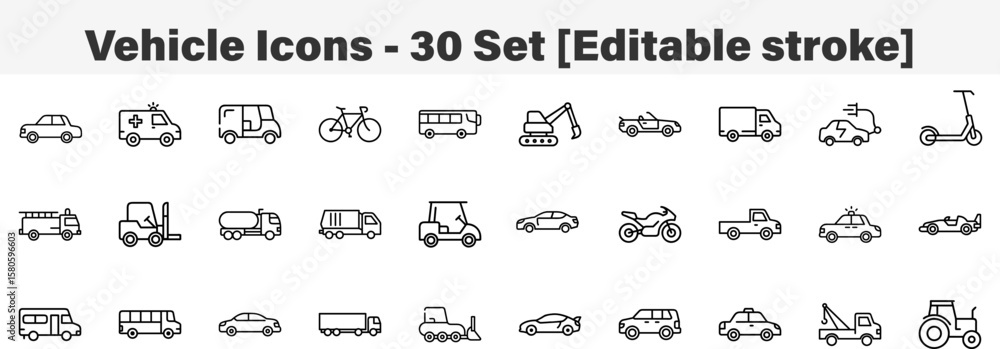 Vehicle icons 30 Set. Line Art Icon Collection. Editable Stroke. Vector ...