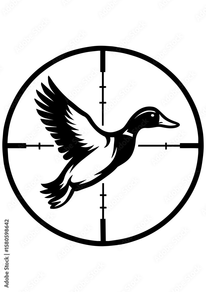 Black and white vector illustration of a duck in hunting rifle scope ...