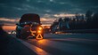 © standret - Mechanic placing warning triangle on highway during car breakdown at dusk